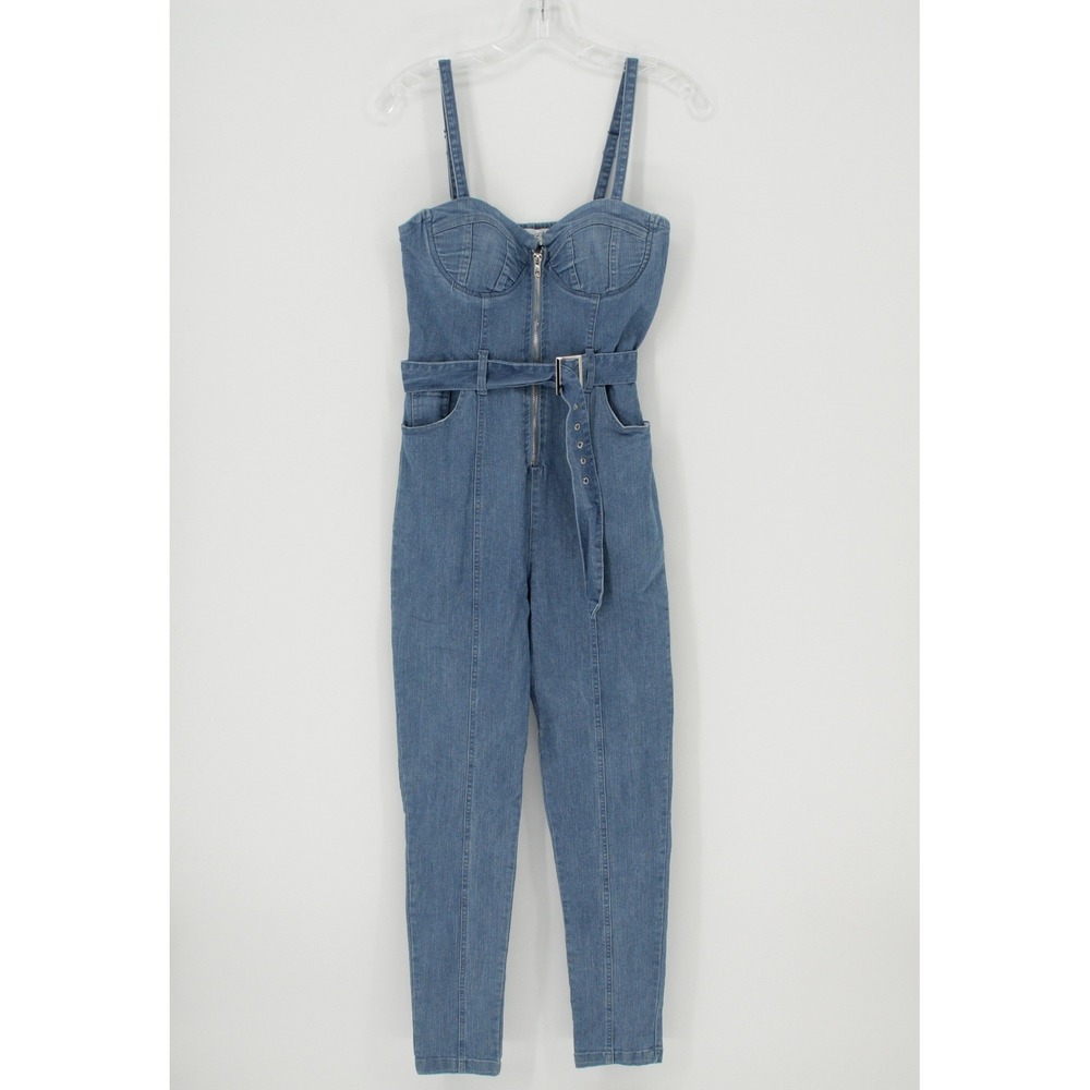 Denim Blvd Women's Blue Belted Bustier Zip Front Jumpsuit Size S